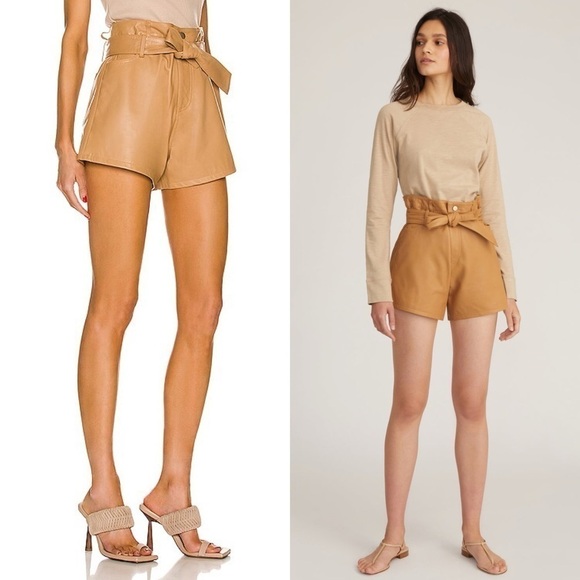 NWT MARISSA WEBB Lamb Leather High Rise Belted Paperbag Waist Boyfriend Shorts 6 - Picture 2 of 11